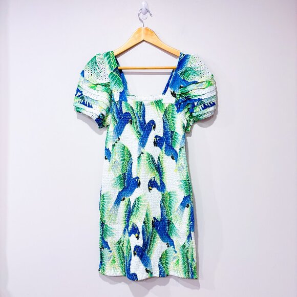 FARM RIO Araras Parrot Mini Dress White Blue Tropical | Medium * - Picture 3 of 8